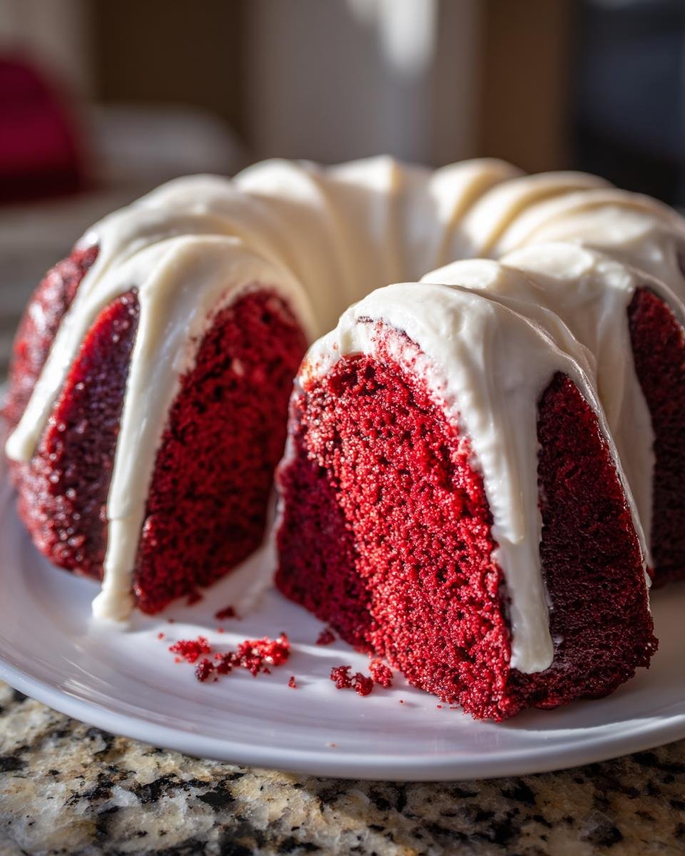 Close-up of an Irresistible Red Velvet Bundt Cake with a slice cut out, drizzled heavily with white cream cheese frosting.