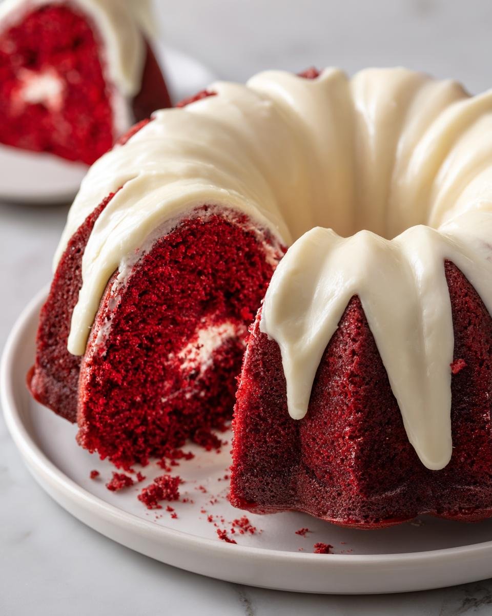 Close-up of a slice taken from an Irresistible Red Velvet Bundt Cake topped with thick white cream cheese frosting.
