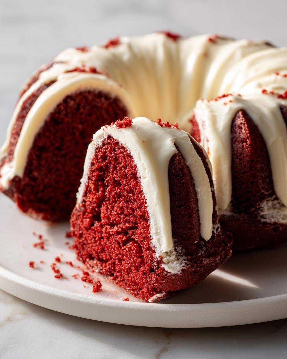 Close-up of a slice cut from an Irresistible Red Velvet Bundt Cake, topped with dripping white cream cheese frosting.