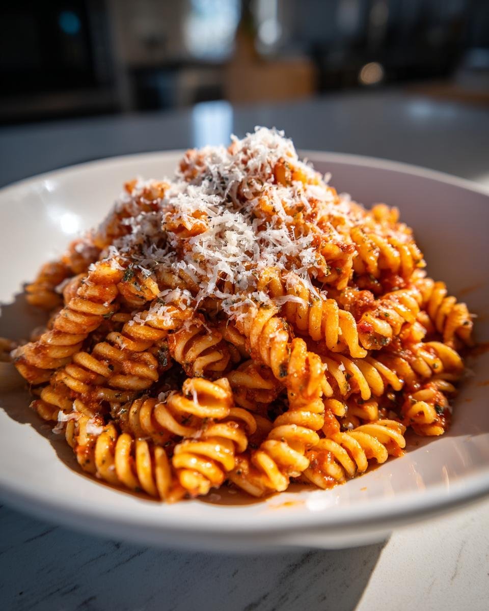 A close-up of a bowl filled with Irresistible Rotini Pasta coated in rich tomato sauce and topped with grated Parmesan cheese.