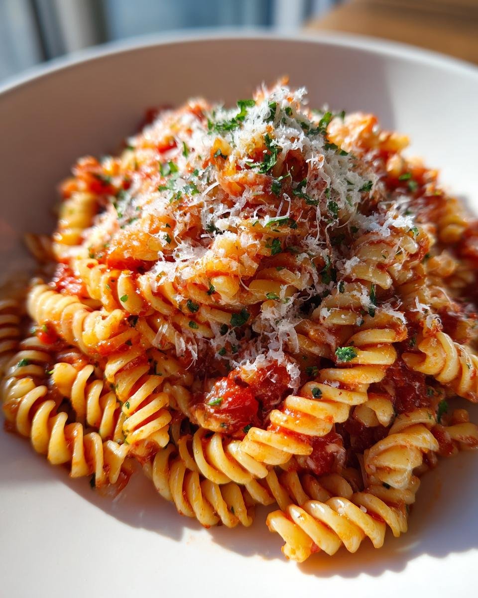 A close-up of Irresistible Rotini Pasta tossed in a rich tomato sauce and topped with grated Parmesan and fresh parsley.