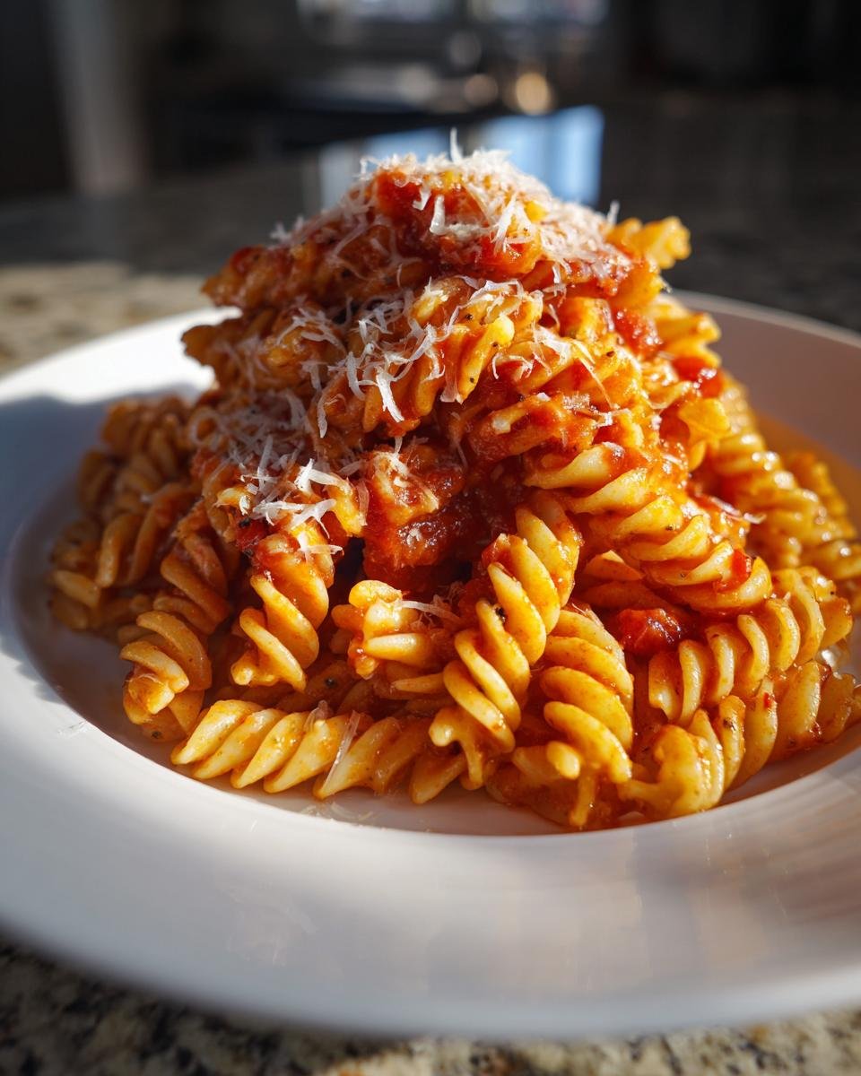 A close-up of a generous serving of Irresistible Rotini Pasta Recipe coated in rich tomato sauce and topped with grated Parmesan cheese.
