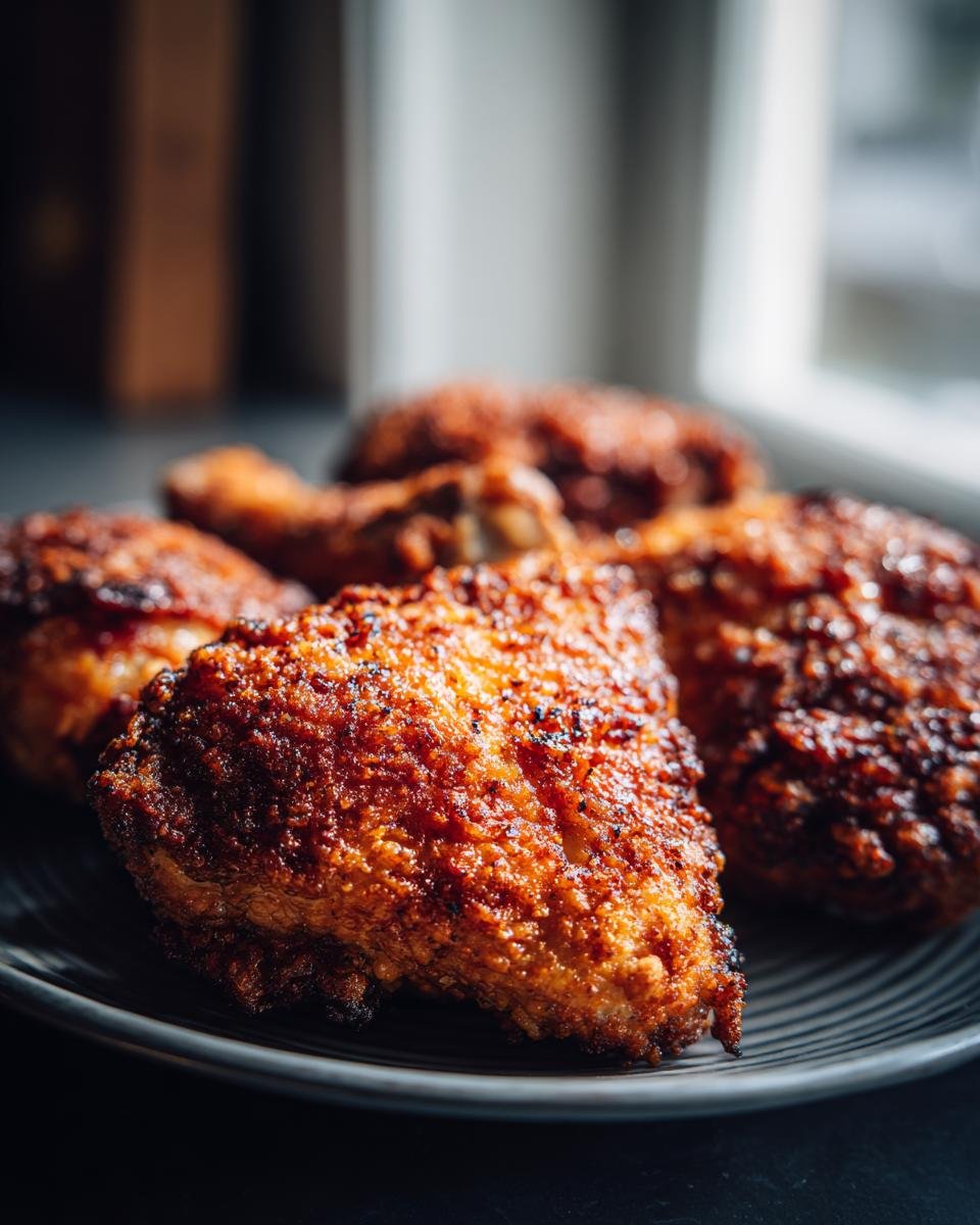 Close-up of perfectly crispy, golden-brown Shake And Bake Chicken pieces piled on a dark plate.