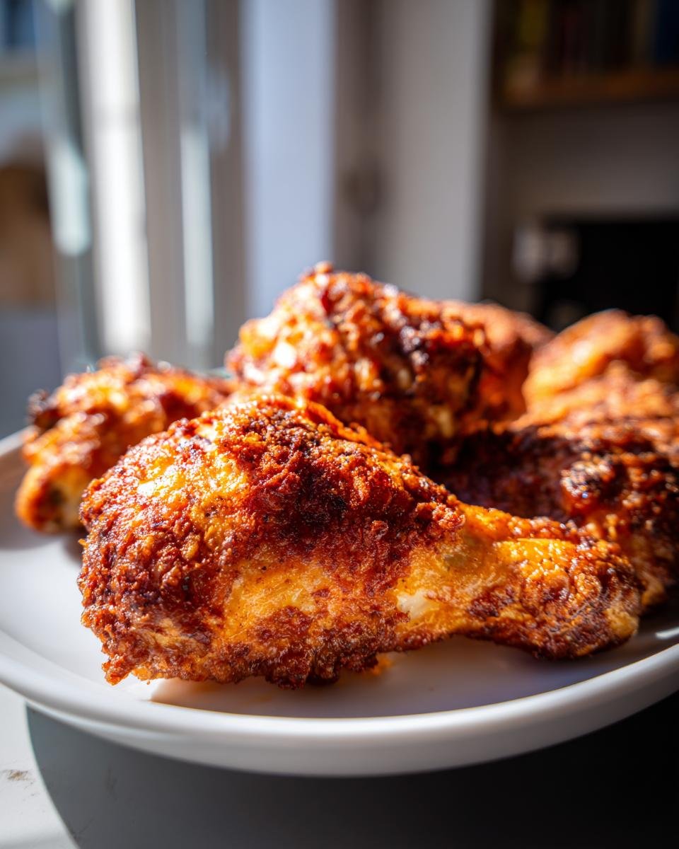 Close-up of crispy, golden-brown Shake And Bake Chicken pieces on a white plate.