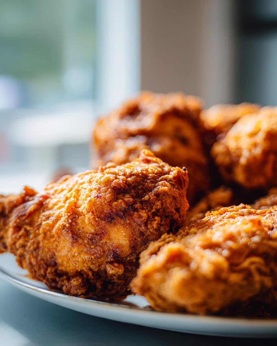 Close-up of crispy, golden brown pieces of Irresistible Shake And Bake Chicken piled on a white plate.
