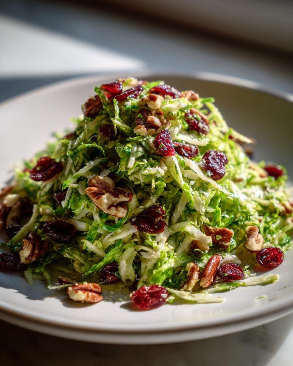 A mound of Irresistible Shaved Brussels Sprouts Salad Recipe Delight topped with pecans and dried cranberries on a white plate.