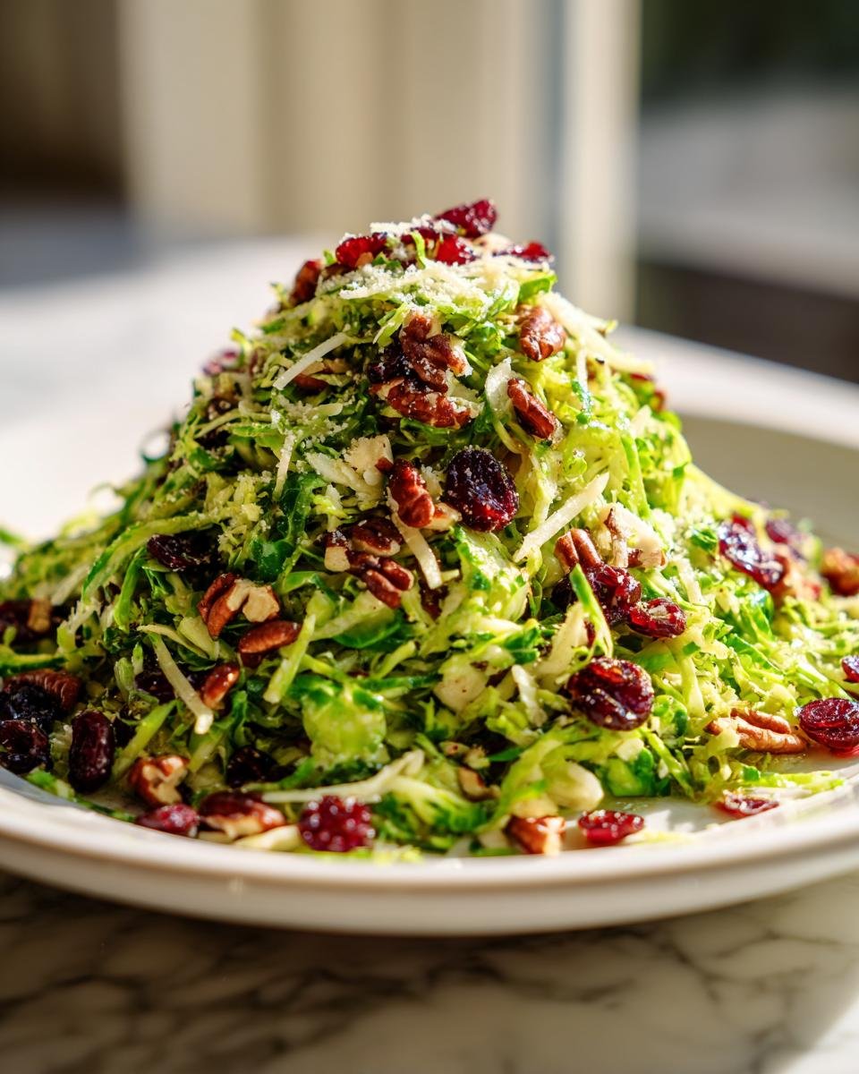 A mound of Irresistible Shaved Brussels Sprouts Salad topped with pecans, dried cranberries, and grated cheese.