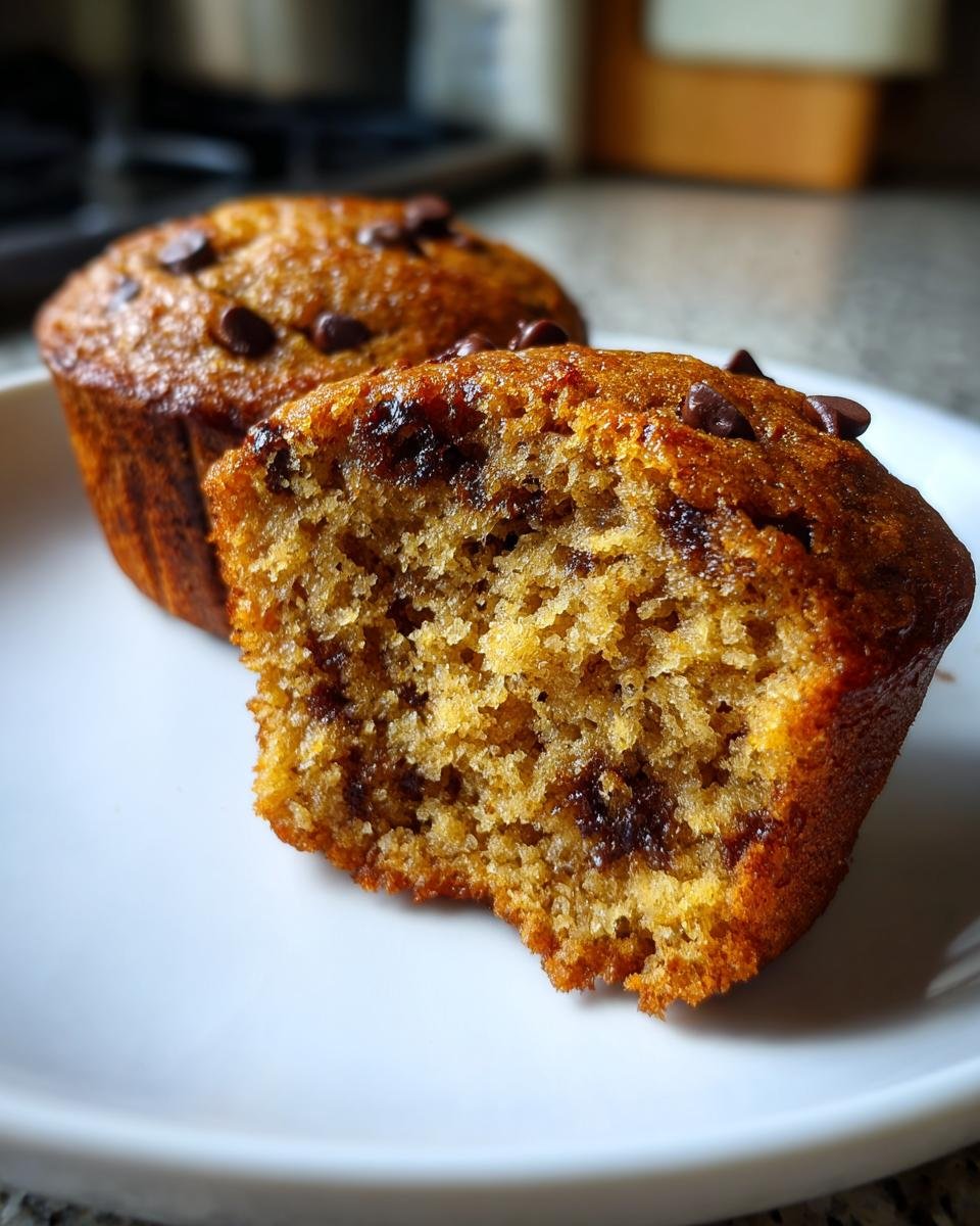 Close-up showing the moist interior texture of an Irresistible Small Batch Banana Chocolate Chip Muffin, studded with melted chocolate chips.