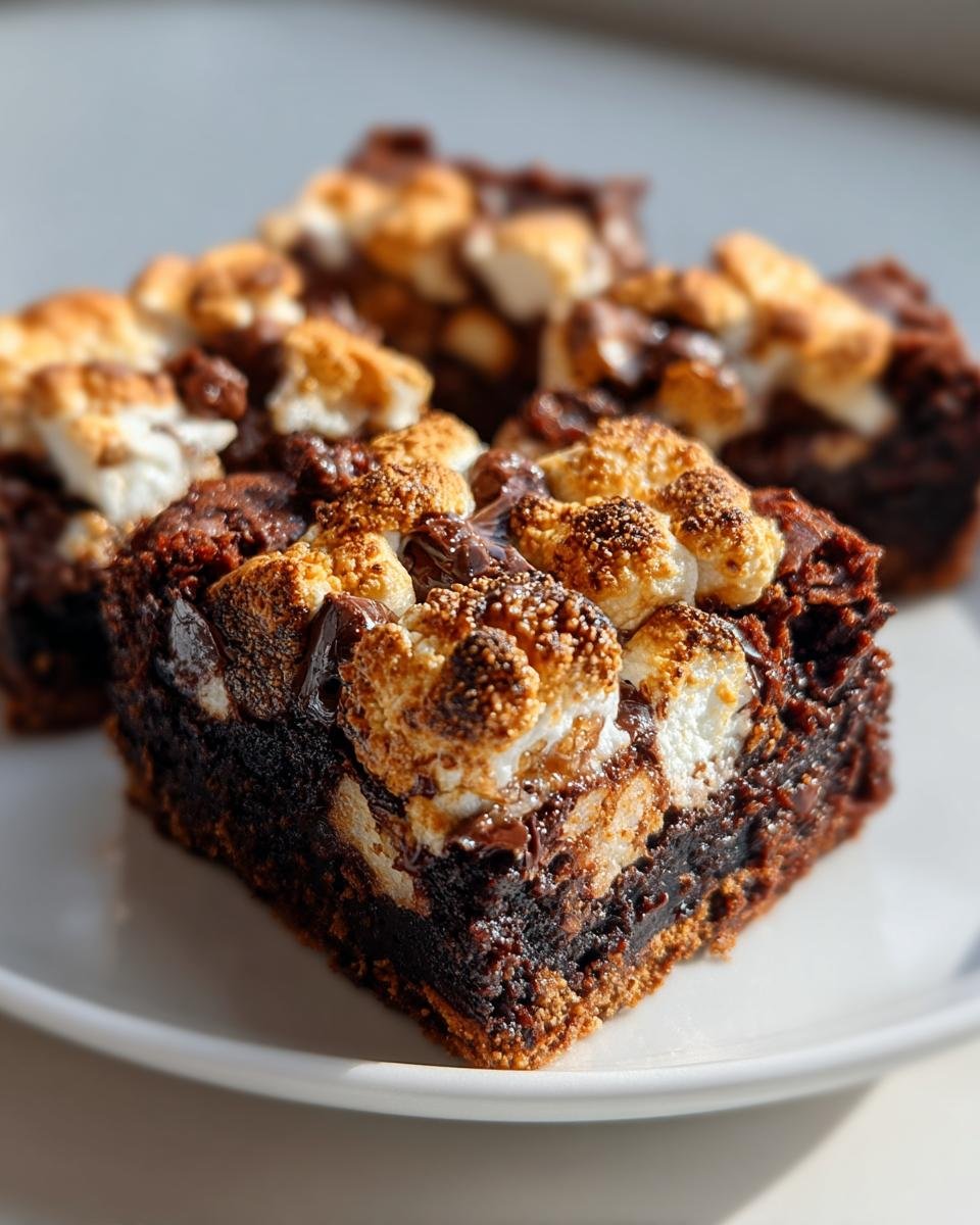 Close-up of a rich, gooey Smores Brownies square topped with perfectly toasted marshmallows.