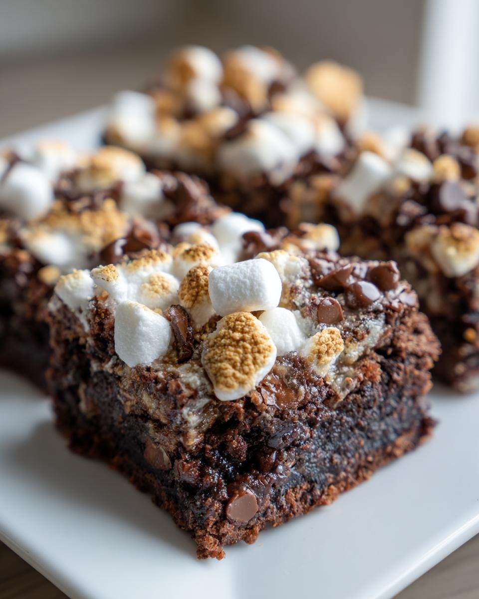 A close-up of a gooey square of Irresistible Smores Brownies topped with toasted marshmallows and chocolate chips.