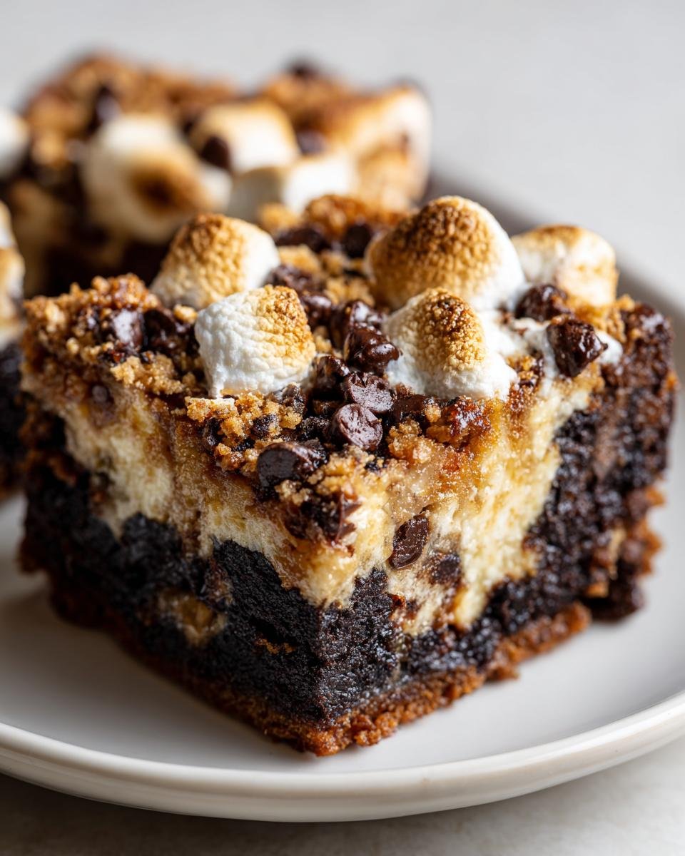 Close-up of an Irresistible Smores Brownies bar showing a rich chocolate base, creamy layer, and toasted marshmallows on top.