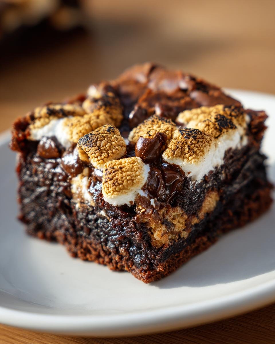 A close-up of an Irresistible Smores Brownies slice topped with melted chocolate and perfectly toasted marshmallows.