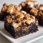 Close-up of an Irresistible Smores Brownies square showing gooey center, toasted marshmallow, and chocolate chips.