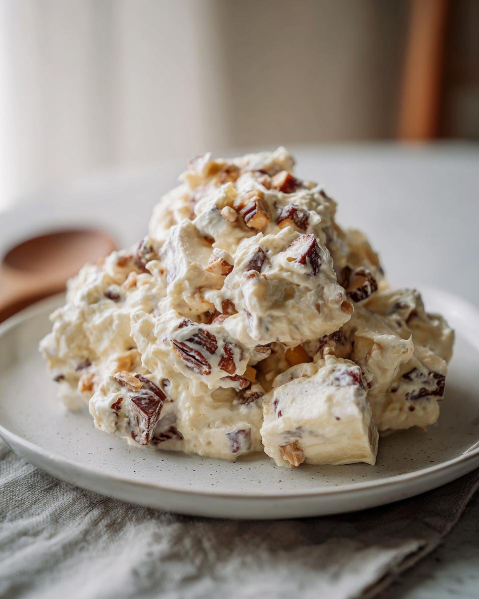 A mound of creamy Irresistible Snickers Salad mixed with chopped candy bars and nuts on a speckled white plate.