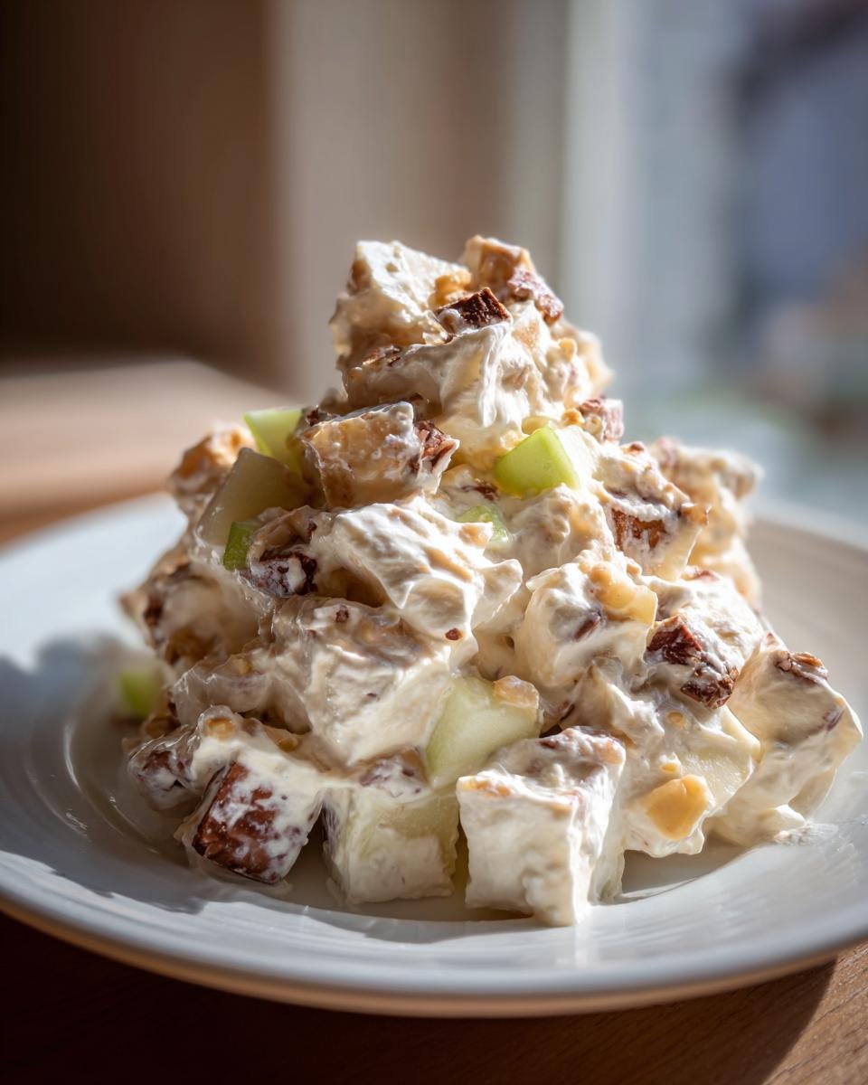 A mound of creamy Irresistible Snickers Salad featuring chopped apples, nuts, and candy pieces, served on a white plate.