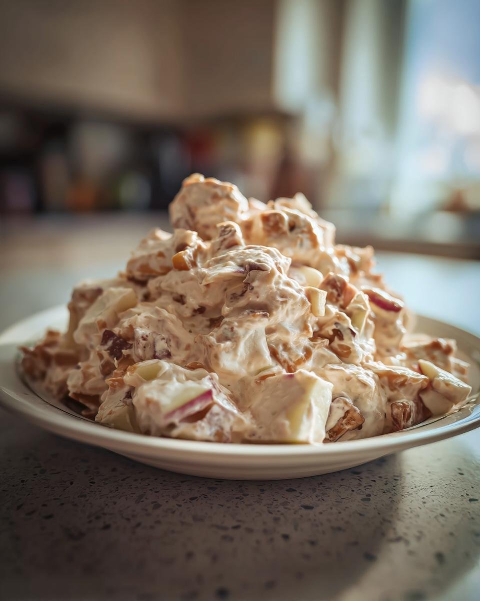 A close-up of a creamy mound of Irresistible Snickers Salad with visible chunks of apple and candy bar pieces.