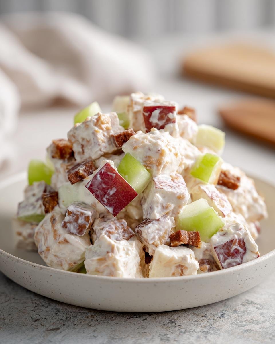 Close-up of a creamy portion of Irresistible Snickers Salad with chunks of apple and caramel.