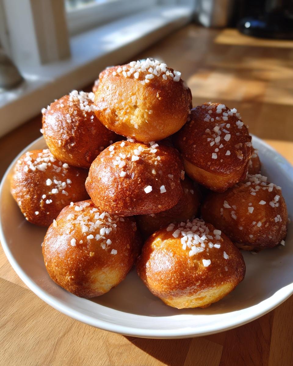 A pile of golden brown, Irresistible Soft Pretzel Bites topped with coarse salt, served on a white plate.