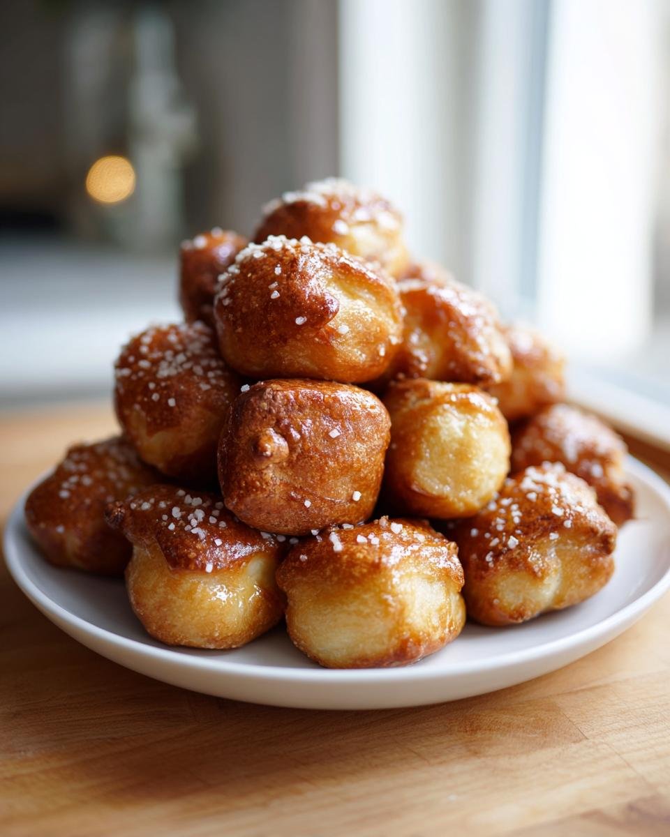 A tempting pile of golden brown Irresistible Soft Pretzel Bites stacked high on a white plate, sprinkled with coarse salt.