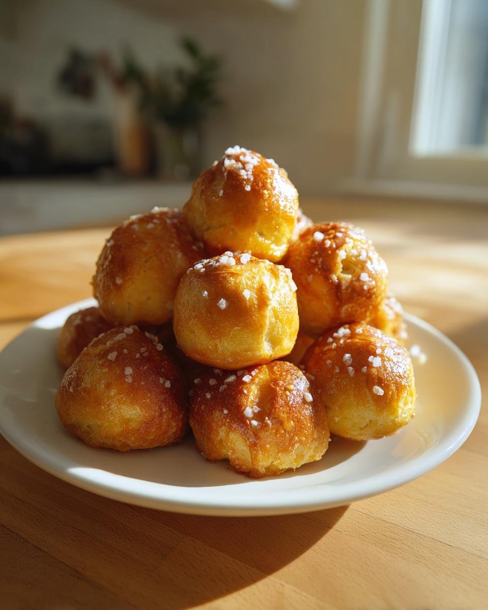 A stack of golden brown Irresistible Soft Pretzel Bites topped with coarse salt crystals on a white plate.