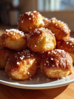 A tempting stack of Irresistible Soft Pretzel Bites, golden brown and sprinkled with coarse salt, sitting on a white plate.
