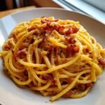 A close-up of a plate piled high with Irresistible Spaghetti Carbonara A Creamy Delight, topped with crispy guanciale.
