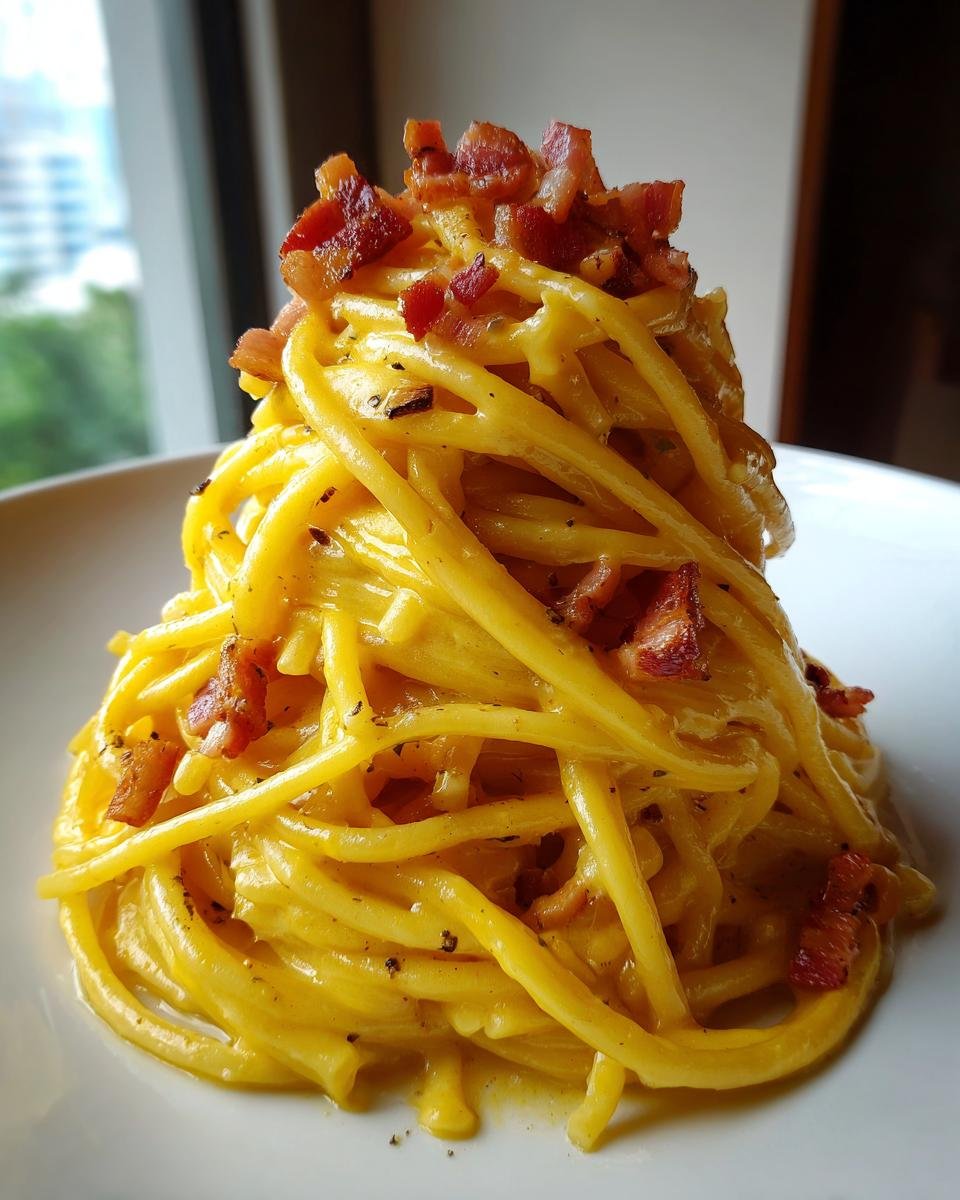 A tall mound of Irresistible Spaghetti Carbonara A Creamy Delight, coated in rich egg yolk sauce and topped with crispy bacon bits.