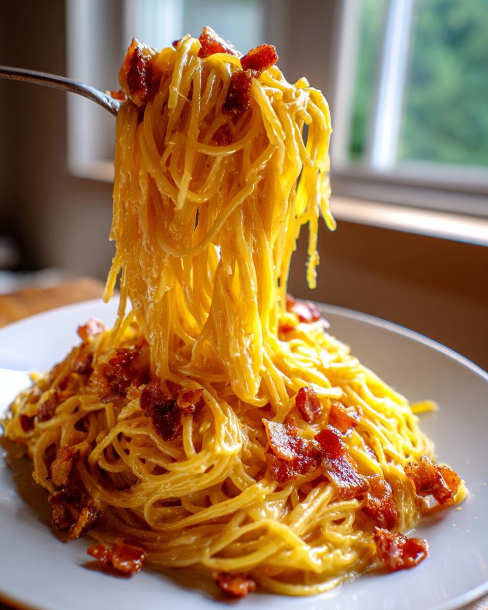 A fork lifts a generous portion of creamy Spaghetti Carbonara, topped with crispy bacon bits, from a white plate.
