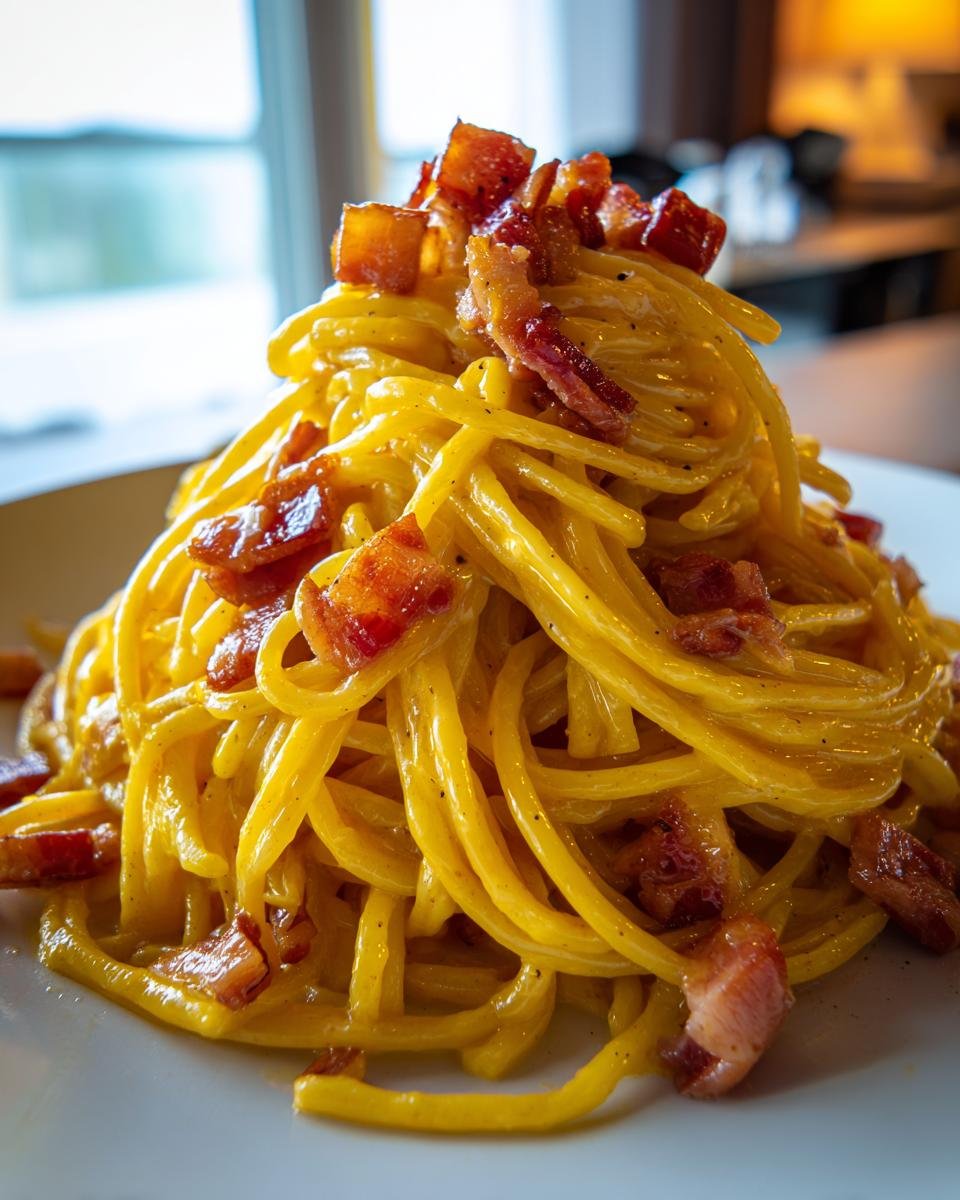 A close-up of a mound of Irresistible Spaghetti Carbonara coated in creamy yellow sauce and topped with crispy cubes of pancetta or guanciale.