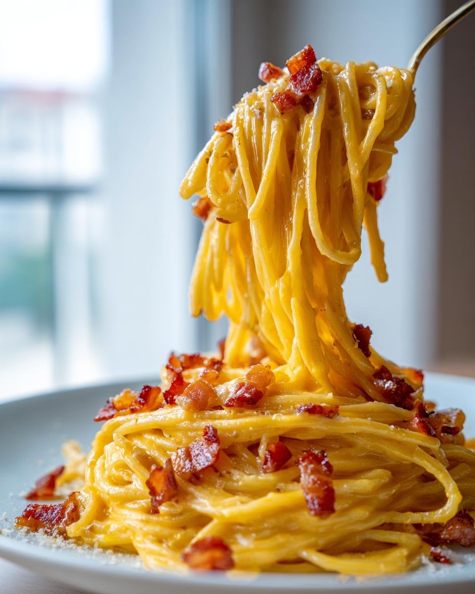 A fork lifting a twirl of creamy Irresistible Spaghetti Carbonara topped with crispy bacon bits.