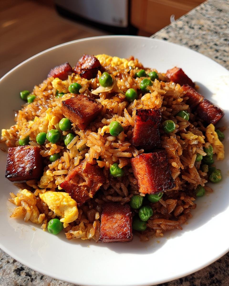 A close-up of a white bowl filled with Irresistible Spam Fried Rice Recipe, featuring crispy Spam cubes, green peas, and scrambled egg.