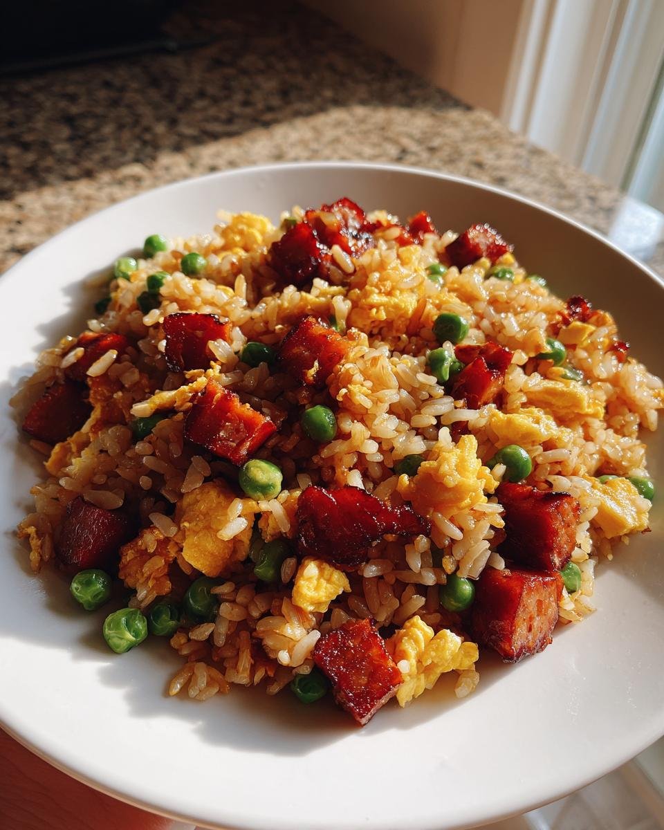 Close-up of Irresistible Spam Fried Rice featuring caramelized Spam cubes, scrambled egg, and green peas on a white plate.