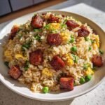 A close-up of Irresistible Spam Fried Rice topped with caramelized Spam cubes, scrambled egg, and green peas.
