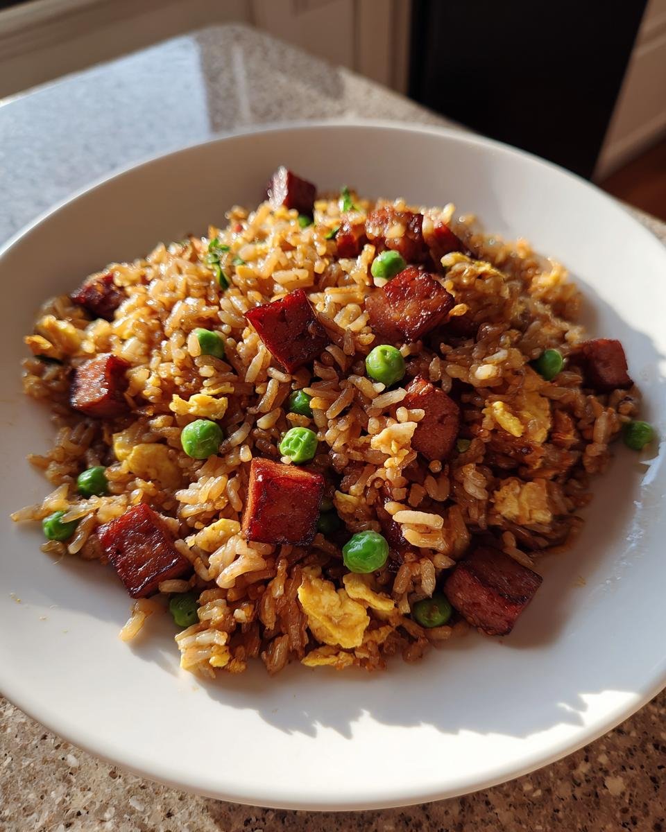 A close-up of Irresistible Spam Fried Rice featuring browned Spam cubes, scrambled egg, and green peas served on a white plate.