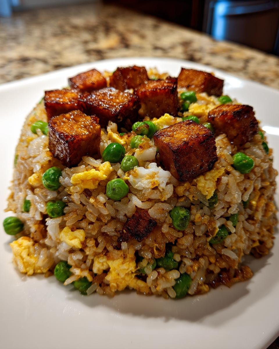 A mound of Irresistible Spam Fried Rice topped with crispy, caramelized Spam cubes and green peas.