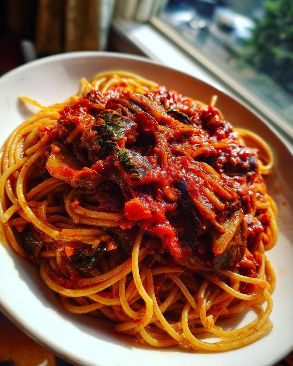 A close-up shot of a white bowl filled with spaghetti topped with a rich, red, spicy eggplant pasta sauce.