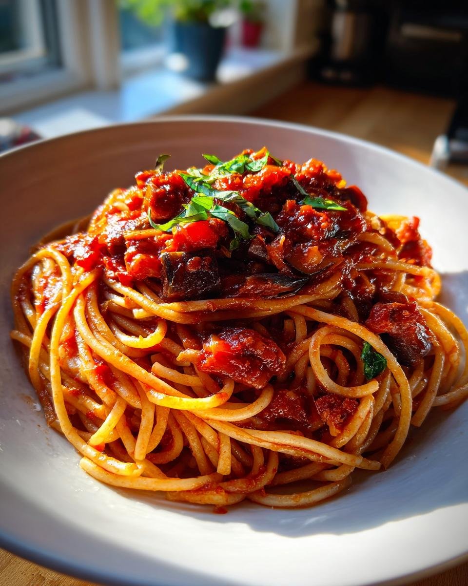 Close-up of Irresistible Spicy Eggplant Pasta tossed in a rich red sauce and garnished with fresh basil.
