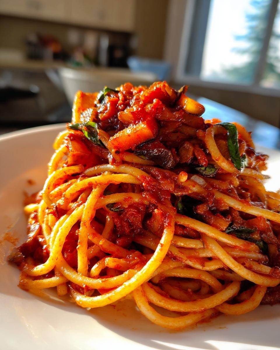 A close-up shot of a serving of Irresistible Spicy Eggplant Pasta coated in a rich, red tomato sauce.