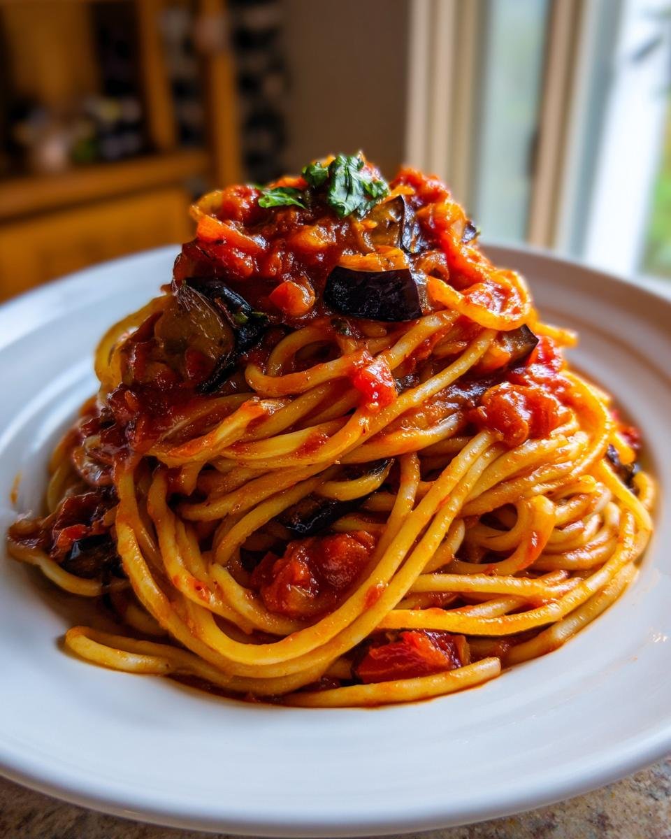 A close-up of a perfectly twirled mound of Irresistible Spicy Eggplant Pasta topped with rich tomato sauce and basil.