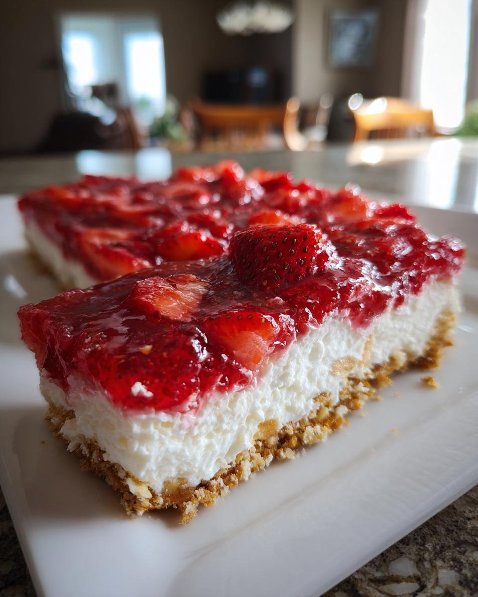 Close-up of a thick slice of Irresistible Strawberry Pretzel Salad showing the pretzel crust, cream cheese layer, and strawberry topping.