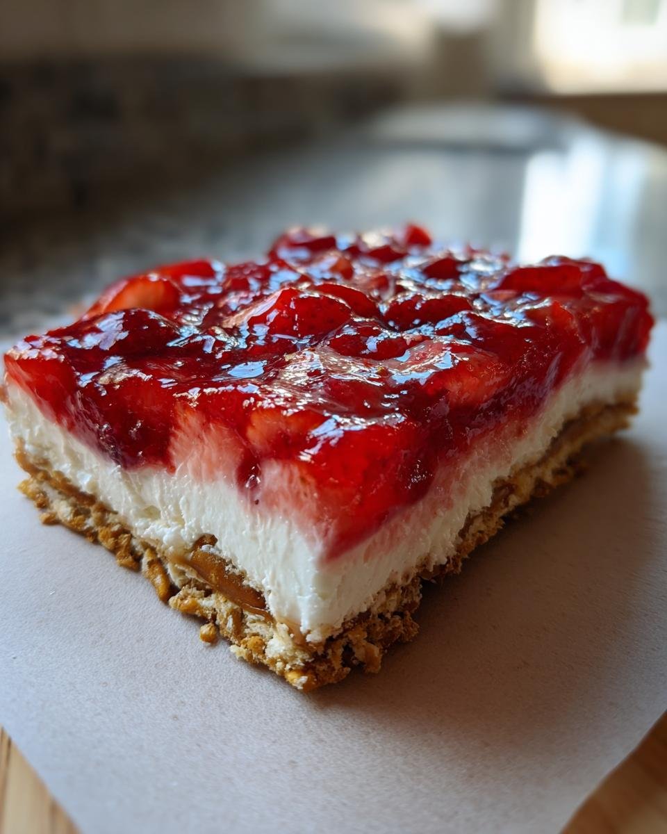 Close-up of a layered slice of Irresistible Strawberry Pretzel Salad showing pretzel crust, cream cheese layer, and strawberry topping.