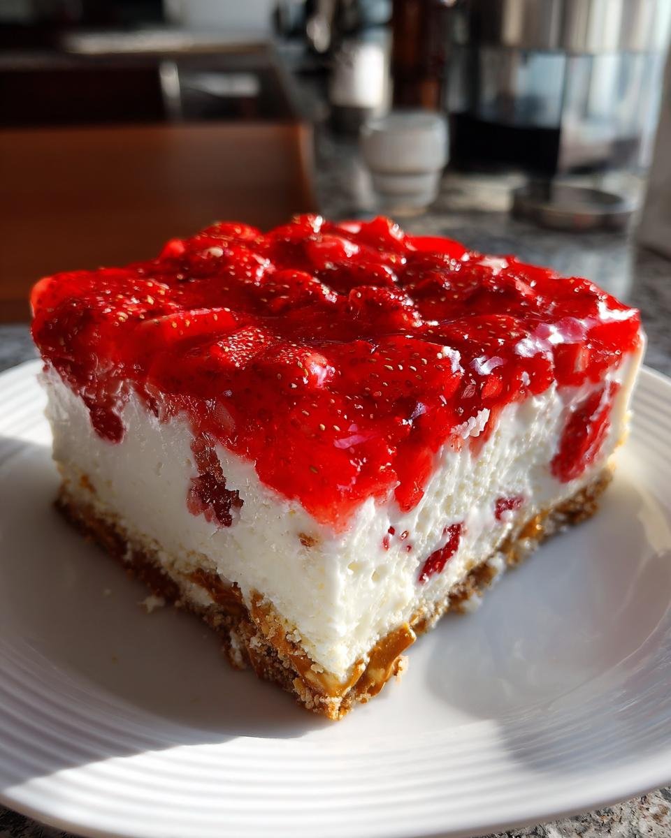 A perfect square slice of Irresistible Strawberry Pretzel Salad showing the pretzel crust, cream cheese layer, and strawberry topping.