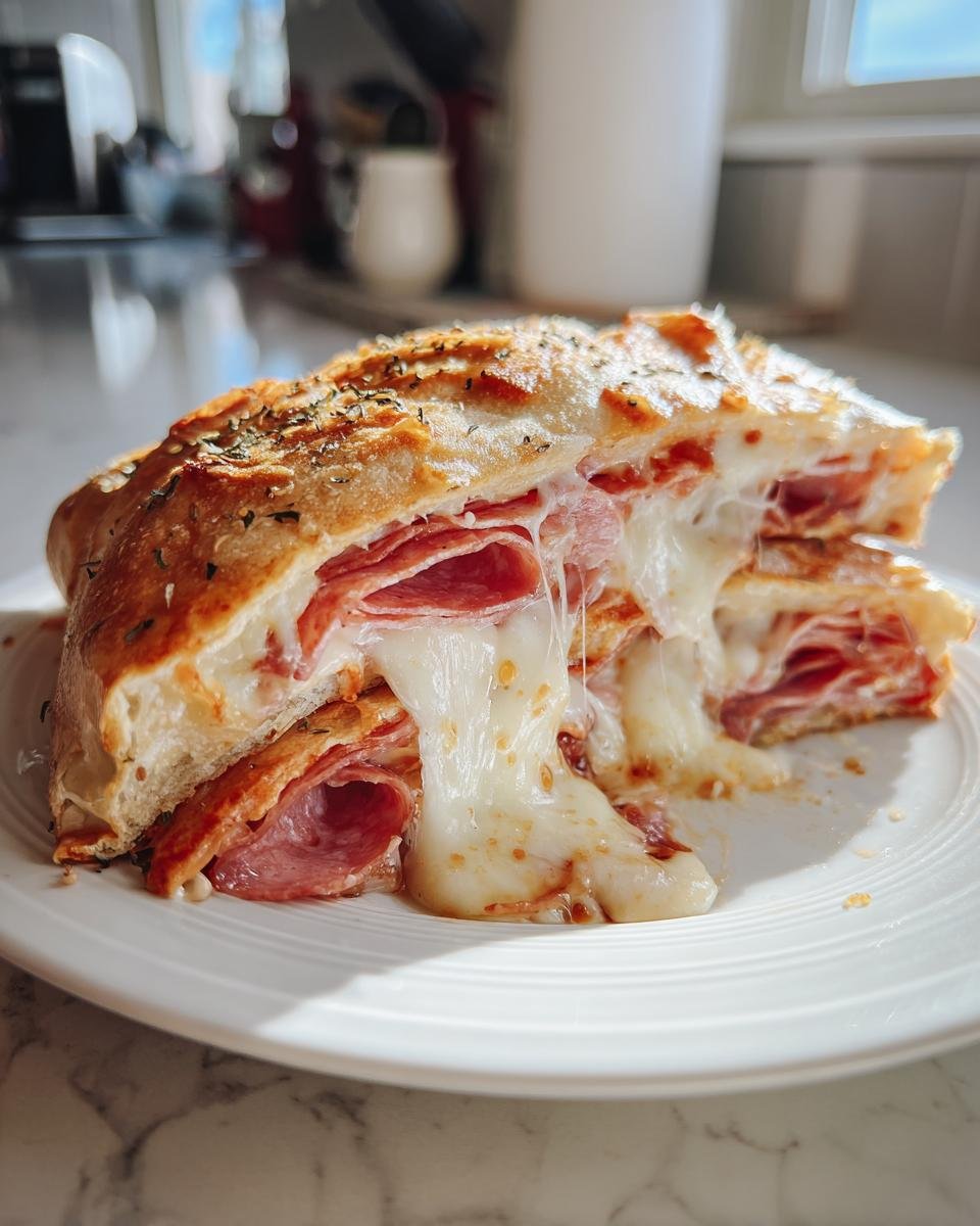 Cross-section of an Irresistible Stromboli Recipe showing melted, stretching cheese and layers of cured meats on a white plate.