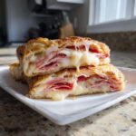 Two stacked slices of Irresistible Stromboli Recipe showing layers of melted cheese and cured meats oozing out.