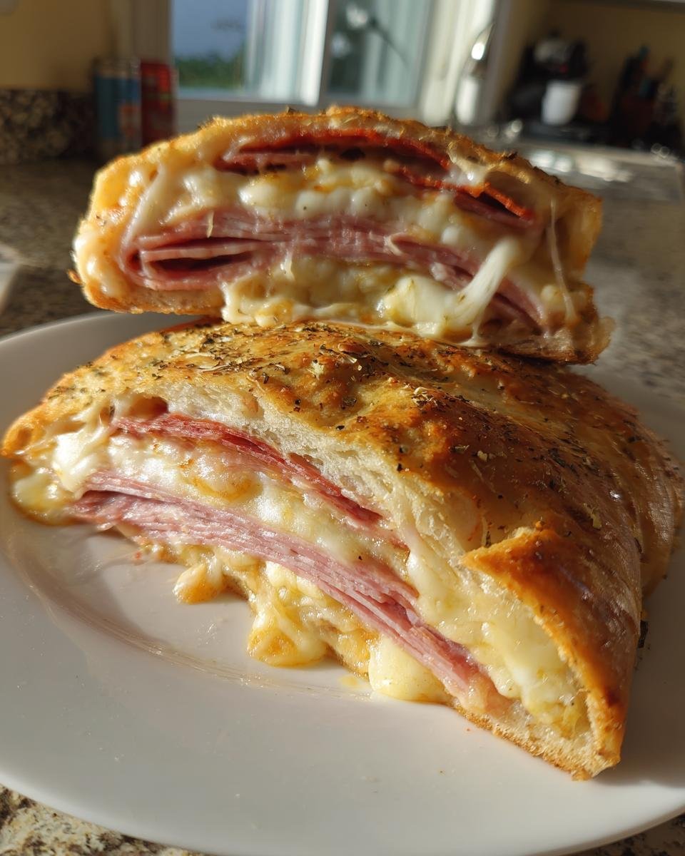 Cross-section of an Irresistible Stromboli Recipe showing layers of melted cheese, ham, and pepperoni.