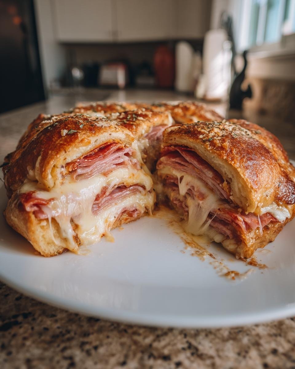 A close-up of the Irresistible Stromboli Recipe, showing melted cheese stretching between slices filled with cured meats.