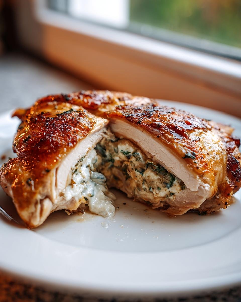 A close-up of Irresistible Stuffed Chicken Thighs cut in half, showing creamy spinach and cheese filling oozing out.