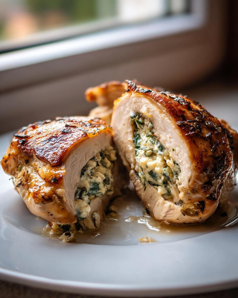 Close-up of Irresistible Stuffed Chicken Thighs cut in half showing creamy spinach and cheese filling.