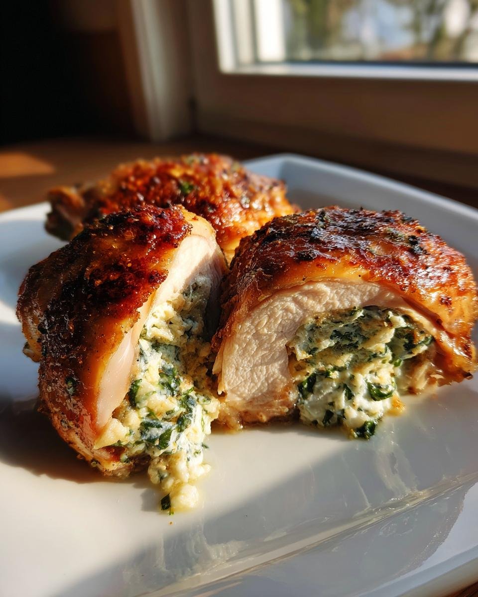 Close-up of Irresistible Stuffed Chicken Thighs cut in half, showing creamy spinach and cheese filling.