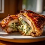 Close-up of Irresistible Stuffed Chicken Thighs cut in half revealing creamy spinach filling.
